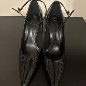 Zara Glossy Black Heels with Ankle Strap